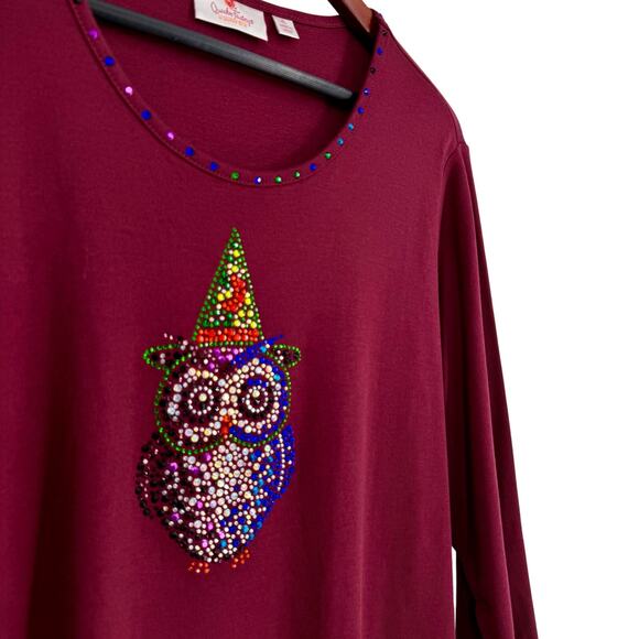 Quacker Factory Sz XL Maroon Halloween Witch Owl Wearable Art Blouse Shirt Top - Picture 6 of 8